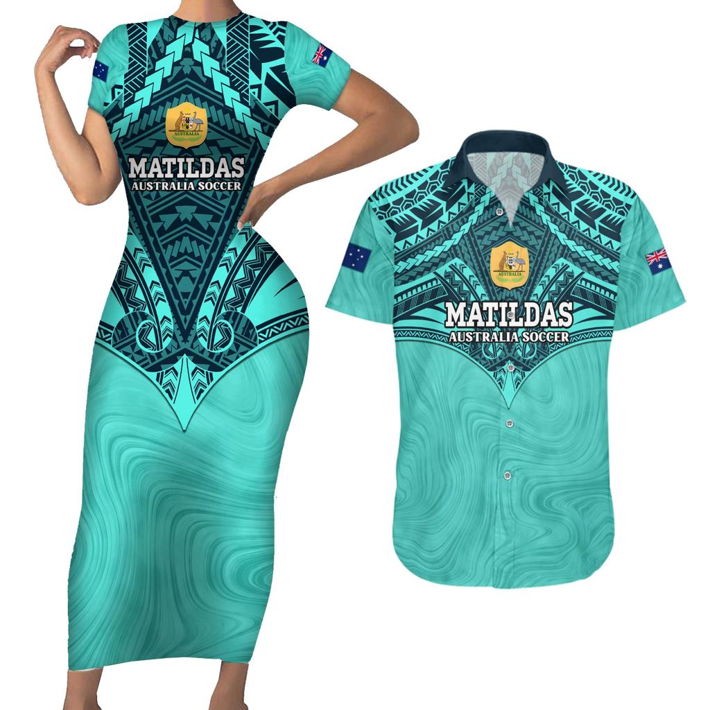Custom Australia Matildas Couples Matching Short Sleeve Bodycon Dress and Hawaiian Shirt Polynesian Mix Turquoise Marble