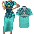 Custom Australia Matildas Couples Matching Short Sleeve Bodycon Dress and Hawaiian Shirt Polynesian Mix Turquoise Marble