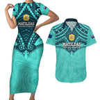 Custom Australia Matildas Couples Matching Short Sleeve Bodycon Dress and Hawaiian Shirt Polynesian Mix Turquoise Marble
