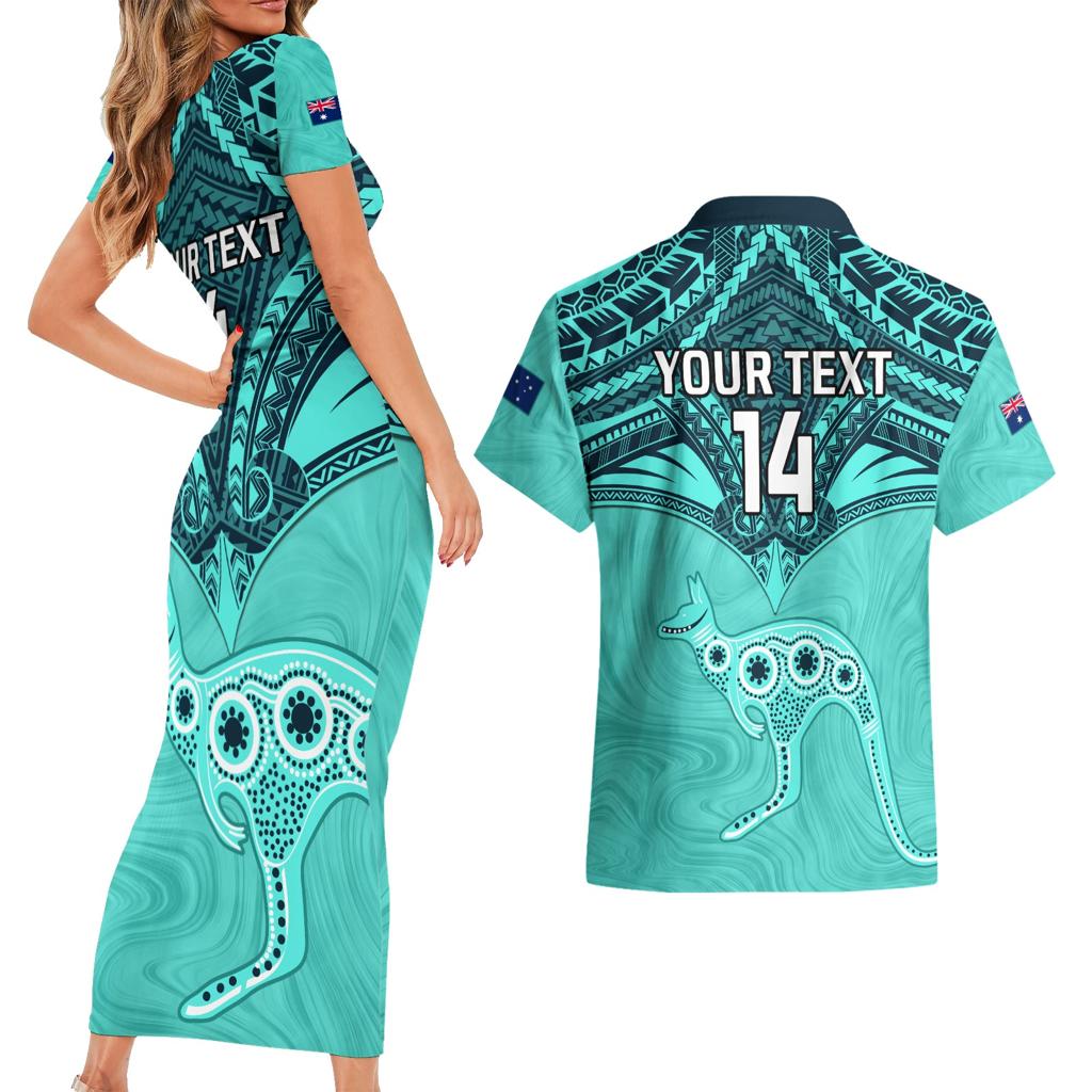 Custom Australia Matildas Couples Matching Short Sleeve Bodycon Dress and Hawaiian Shirt Polynesian Mix Turquoise Marble