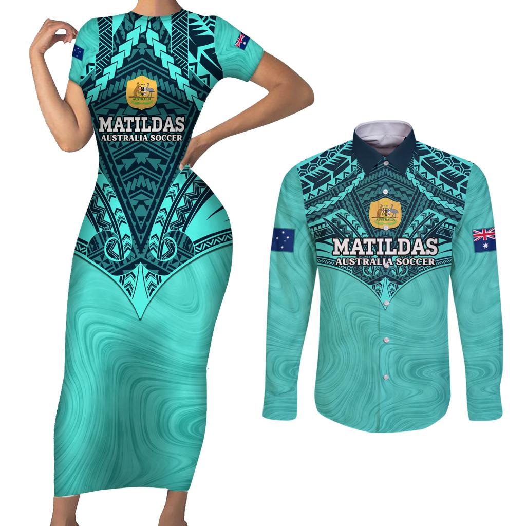 Custom Australia Matildas Couples Matching Short Sleeve Bodycon Dress and Long Sleeve Button Shirt Polynesian Mix Turquoise Marble