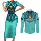 Custom Australia Matildas Couples Matching Short Sleeve Bodycon Dress and Long Sleeve Button Shirt Polynesian Mix Turquoise Marble