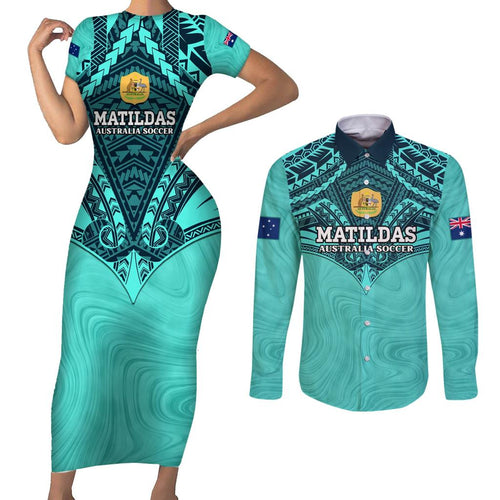 Custom Australia Matildas Couples Matching Short Sleeve Bodycon Dress and Long Sleeve Button Shirt Polynesian Mix Turquoise Marble