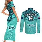 Custom Australia Matildas Couples Matching Short Sleeve Bodycon Dress and Long Sleeve Button Shirt Polynesian Mix Turquoise Marble