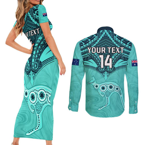 Custom Australia Matildas Couples Matching Short Sleeve Bodycon Dress and Long Sleeve Button Shirt Polynesian Mix Turquoise Marble