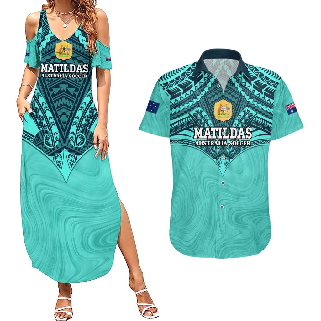 Custom Australia Matildas Couples Matching Summer Maxi Dress and Hawaiian Shirt Polynesian Mix Turquoise Marble