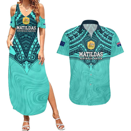 Custom Australia Matildas Couples Matching Summer Maxi Dress and Hawaiian Shirt Polynesian Mix Turquoise Marble