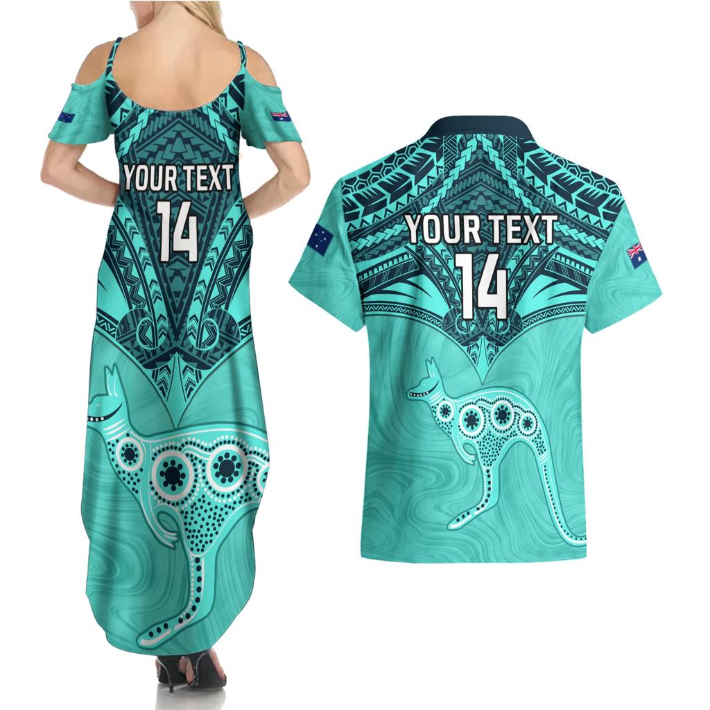 Custom Australia Matildas Couples Matching Summer Maxi Dress and Hawaiian Shirt Polynesian Mix Turquoise Marble