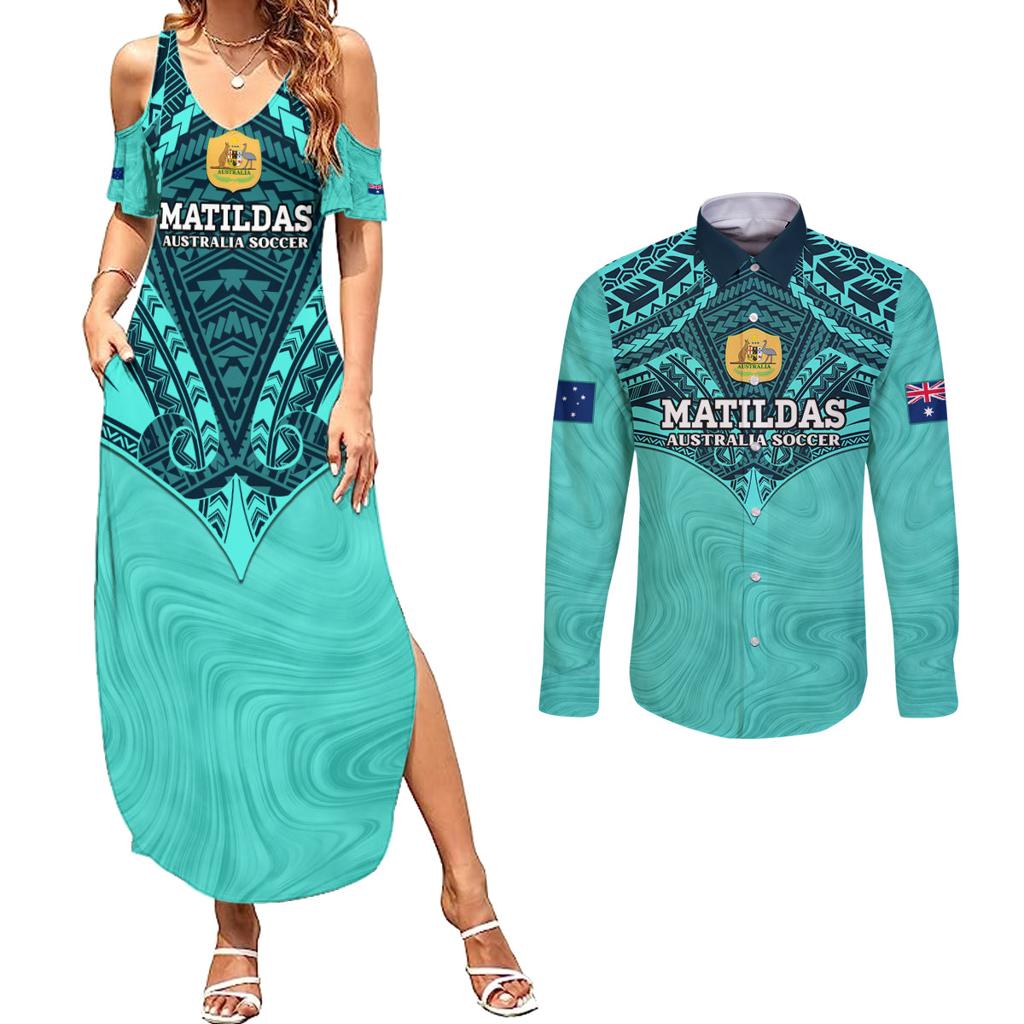 Custom Australia Matildas Couples Matching Summer Maxi Dress and Long Sleeve Button Shirt Polynesian Mix Turquoise Marble