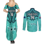 Custom Australia Matildas Couples Matching Summer Maxi Dress and Long Sleeve Button Shirt Polynesian Mix Turquoise Marble