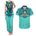 Custom Australia Matildas Couples Matching Tank Maxi Dress and Hawaiian Shirt Polynesian Mix Turquoise Marble