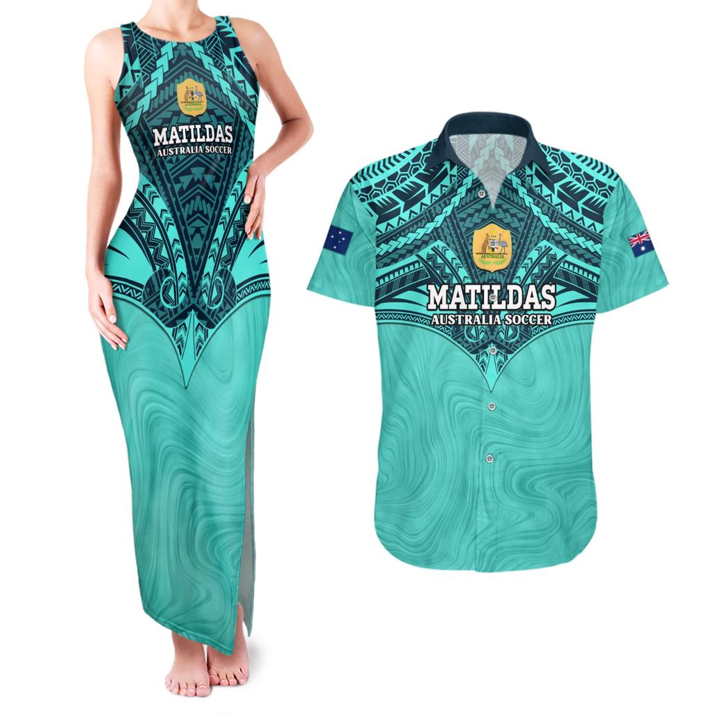 Custom Australia Matildas Couples Matching Tank Maxi Dress and Hawaiian Shirt Polynesian Mix Turquoise Marble