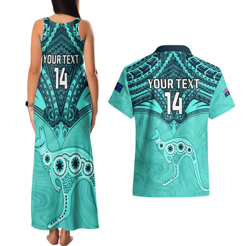 Custom Australia Matildas Couples Matching Tank Maxi Dress and Hawaiian Shirt Polynesian Mix Turquoise Marble