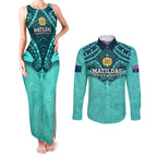 Custom Australia Matildas Couples Matching Tank Maxi Dress and Long Sleeve Button Shirt Polynesian Mix Turquoise Marble