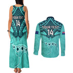 Custom Australia Matildas Couples Matching Tank Maxi Dress and Long Sleeve Button Shirt Polynesian Mix Turquoise Marble