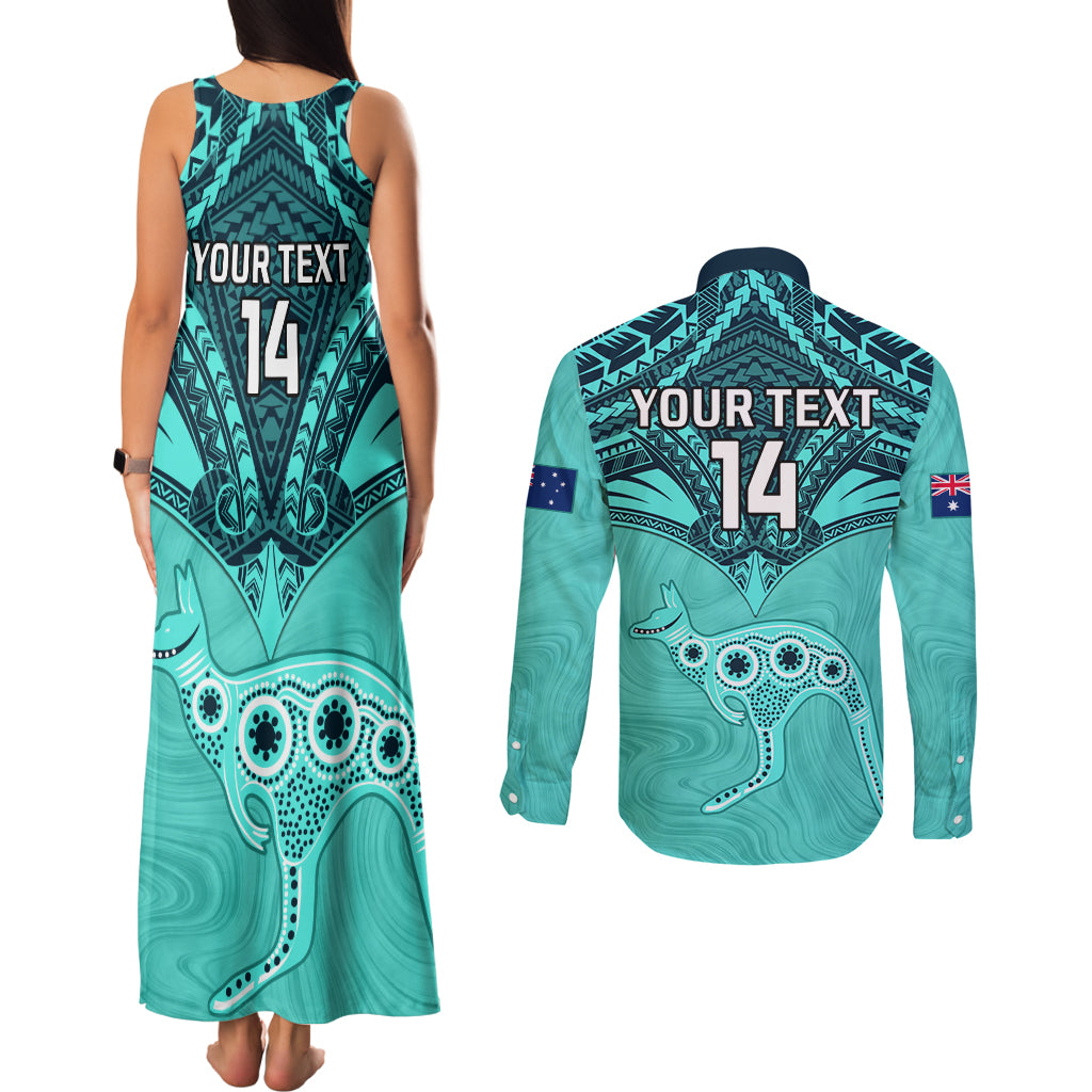 Custom Australia Matildas Couples Matching Tank Maxi Dress and Long Sleeve Button Shirt Polynesian Mix Turquoise Marble