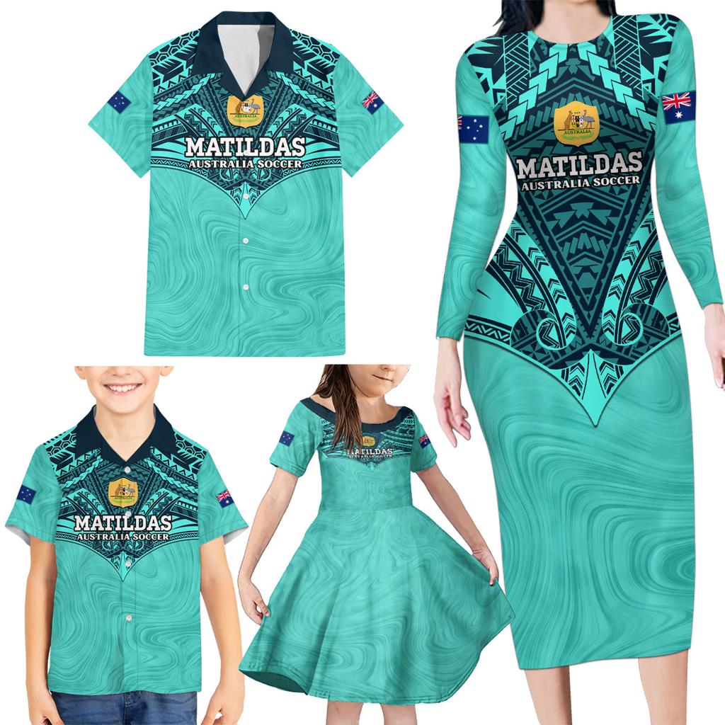 Custom Australia Matildas Family Matching Long Sleeve Bodycon Dress and Hawaiian Shirt Polynesian Mix Turquoise Marble
