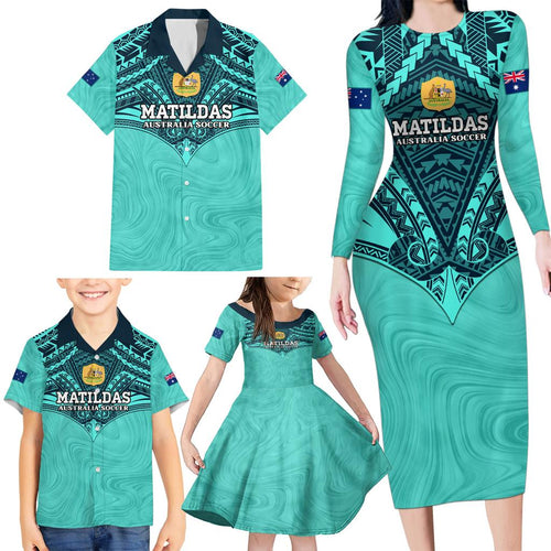 Custom Australia Matildas Family Matching Long Sleeve Bodycon Dress and Hawaiian Shirt Polynesian Mix Turquoise Marble