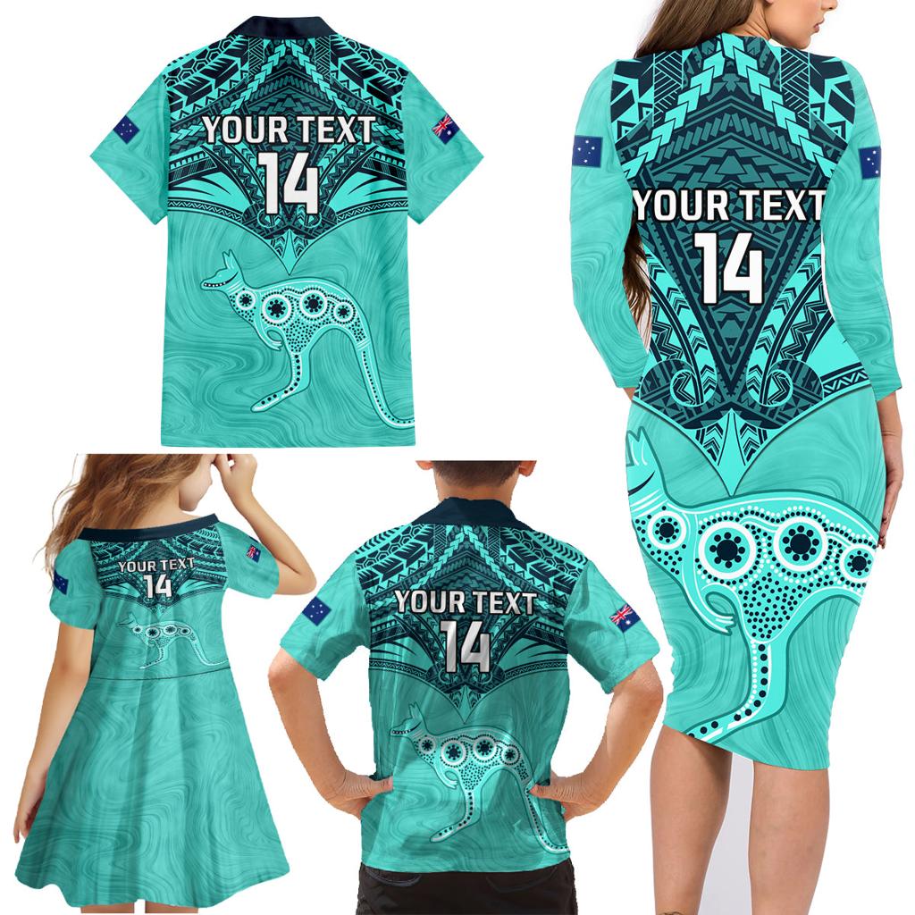 Custom Australia Matildas Family Matching Long Sleeve Bodycon Dress and Hawaiian Shirt Polynesian Mix Turquoise Marble