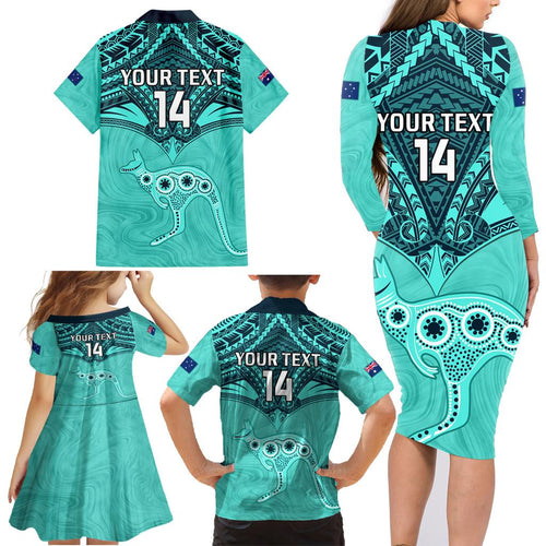 Custom Australia Matildas Family Matching Long Sleeve Bodycon Dress and Hawaiian Shirt Polynesian Mix Turquoise Marble