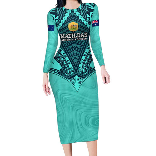 Custom Australia Matildas Family Matching Long Sleeve Bodycon Dress and Hawaiian Shirt Polynesian Mix Turquoise Marble