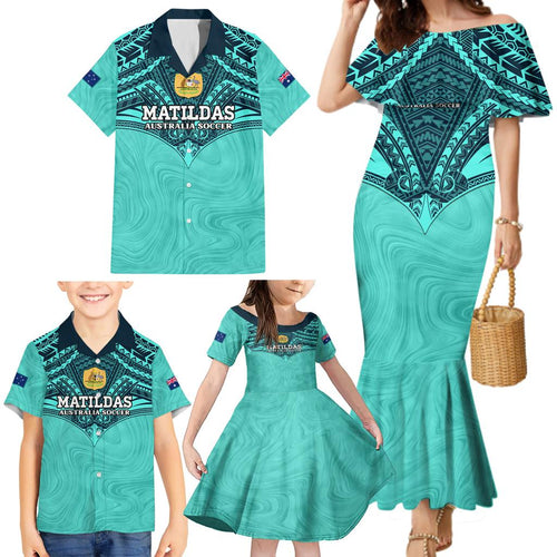 Custom Australia Matildas Family Matching Mermaid Dress and Hawaiian Shirt Polynesian Mix Turquoise Marble