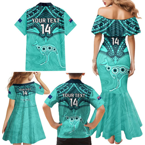 Custom Australia Matildas Family Matching Mermaid Dress and Hawaiian Shirt Polynesian Mix Turquoise Marble