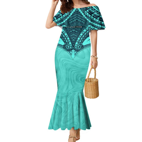 Custom Australia Matildas Family Matching Mermaid Dress and Hawaiian Shirt Polynesian Mix Turquoise Marble