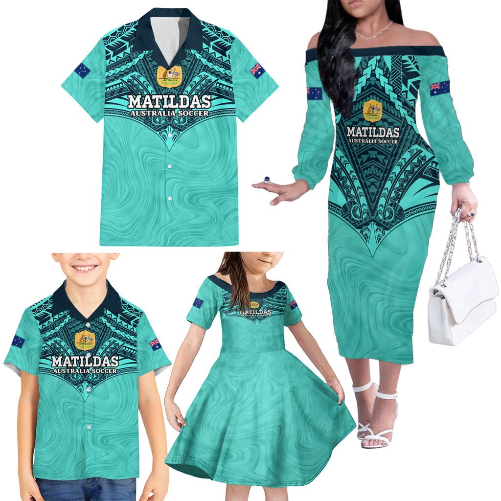 Custom Australia Matildas Family Matching Off Shoulder Long Sleeve Dress and Hawaiian Shirt Polynesian Mix Turquoise Marble