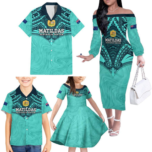 Custom Australia Matildas Family Matching Off Shoulder Long Sleeve Dress and Hawaiian Shirt Polynesian Mix Turquoise Marble
