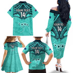 Custom Australia Matildas Family Matching Off Shoulder Long Sleeve Dress and Hawaiian Shirt Polynesian Mix Turquoise Marble