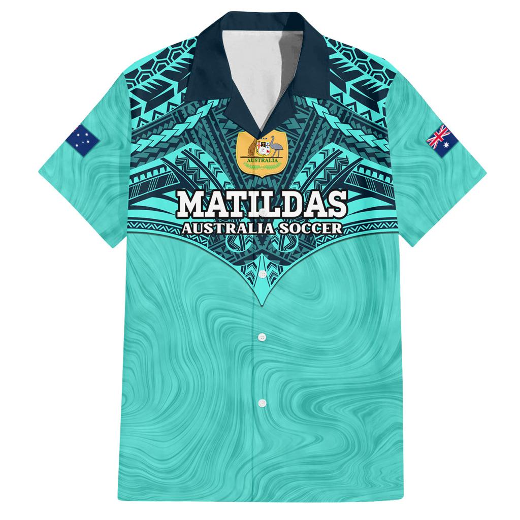 Custom Australia Matildas Family Matching Off Shoulder Long Sleeve Dress and Hawaiian Shirt Polynesian Mix Turquoise Marble