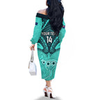 Custom Australia Matildas Family Matching Off Shoulder Long Sleeve Dress and Hawaiian Shirt Polynesian Mix Turquoise Marble