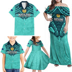 Custom Australia Matildas Family Matching Off Shoulder Maxi Dress and Hawaiian Shirt Polynesian Mix Turquoise Marble