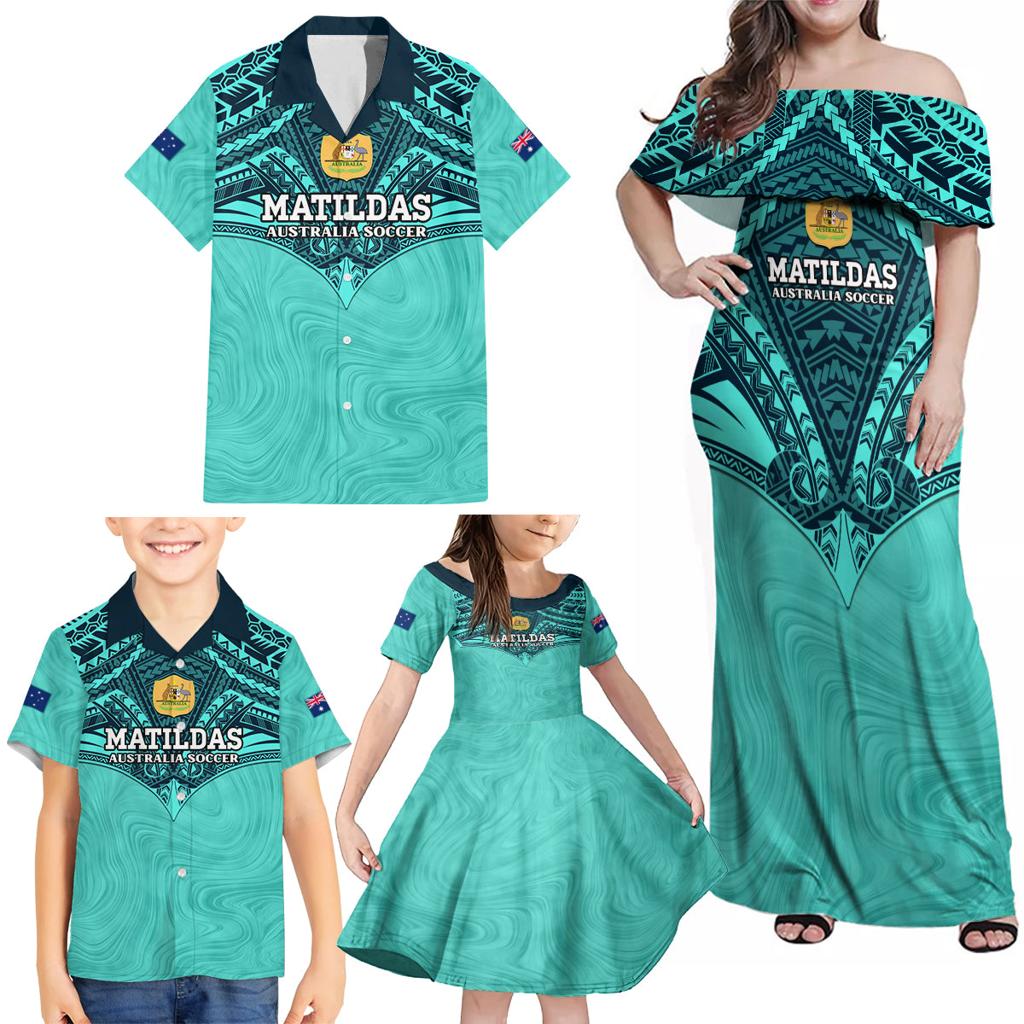 Custom Australia Matildas Family Matching Off Shoulder Maxi Dress and Hawaiian Shirt Polynesian Mix Turquoise Marble