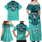 Custom Australia Matildas Family Matching Off Shoulder Maxi Dress and Hawaiian Shirt Polynesian Mix Turquoise Marble