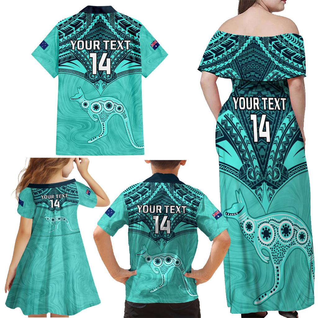 Custom Australia Matildas Family Matching Off Shoulder Maxi Dress and Hawaiian Shirt Polynesian Mix Turquoise Marble