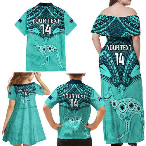 Custom Australia Matildas Family Matching Off Shoulder Maxi Dress and Hawaiian Shirt Polynesian Mix Turquoise Marble