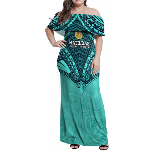 Custom Australia Matildas Family Matching Off Shoulder Maxi Dress and Hawaiian Shirt Polynesian Mix Turquoise Marble