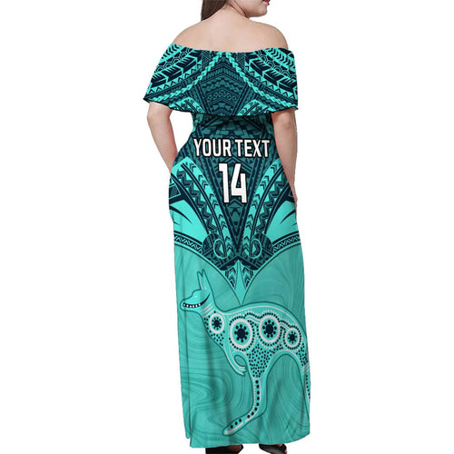 Custom Australia Matildas Family Matching Off Shoulder Maxi Dress and Hawaiian Shirt Polynesian Mix Turquoise Marble