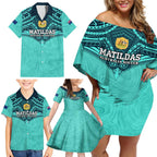 Custom Australia Matildas Family Matching Off Shoulder Short Dress and Hawaiian Shirt Polynesian Mix Turquoise Marble