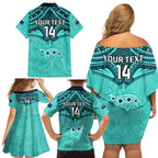 Custom Australia Matildas Family Matching Off Shoulder Short Dress and Hawaiian Shirt Polynesian Mix Turquoise Marble