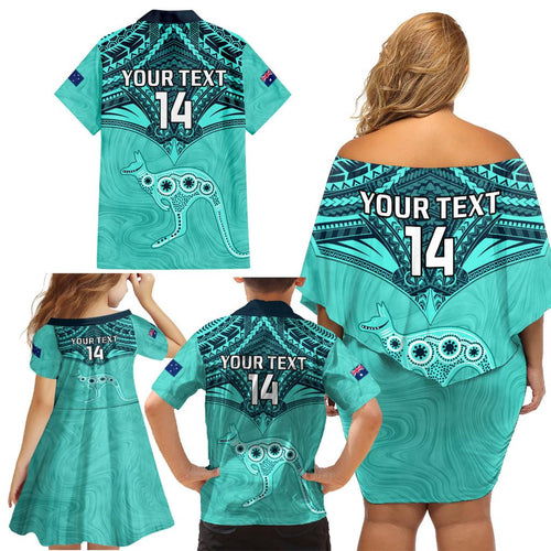 Custom Australia Matildas Family Matching Off Shoulder Short Dress and Hawaiian Shirt Polynesian Mix Turquoise Marble