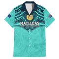 Custom Australia Matildas Family Matching Off Shoulder Short Dress and Hawaiian Shirt Polynesian Mix Turquoise Marble