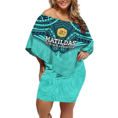 Custom Australia Matildas Family Matching Off Shoulder Short Dress and Hawaiian Shirt Polynesian Mix Turquoise Marble