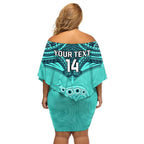 Custom Australia Matildas Family Matching Off Shoulder Short Dress and Hawaiian Shirt Polynesian Mix Turquoise Marble