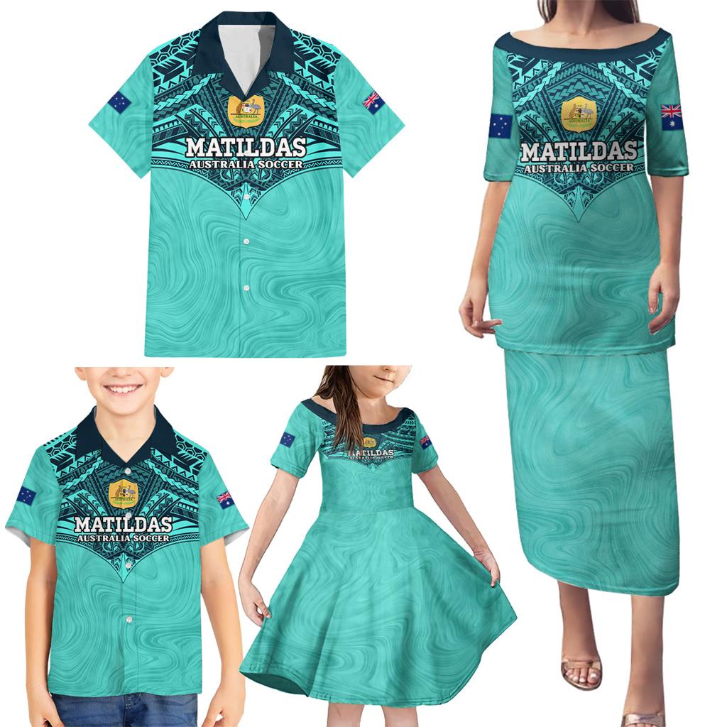 Custom Australia Matildas Family Matching Puletasi and Hawaiian Shirt Polynesian Mix Turquoise Marble