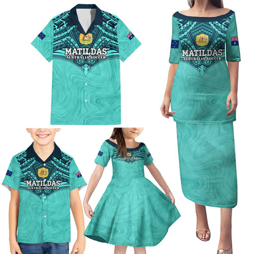 Custom Australia Matildas Family Matching Puletasi and Hawaiian Shirt Polynesian Mix Turquoise Marble