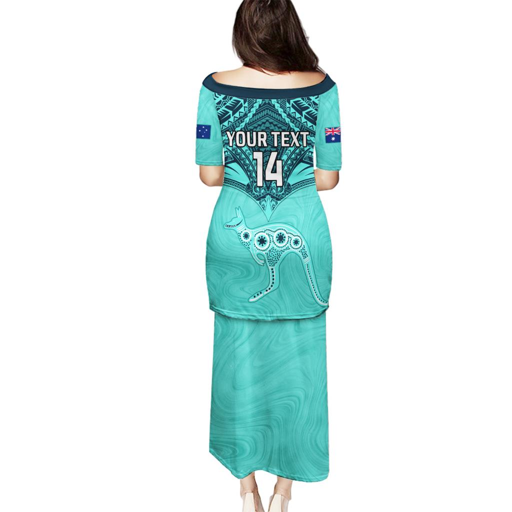 Custom Australia Matildas Family Matching Puletasi and Hawaiian Shirt Polynesian Mix Turquoise Marble