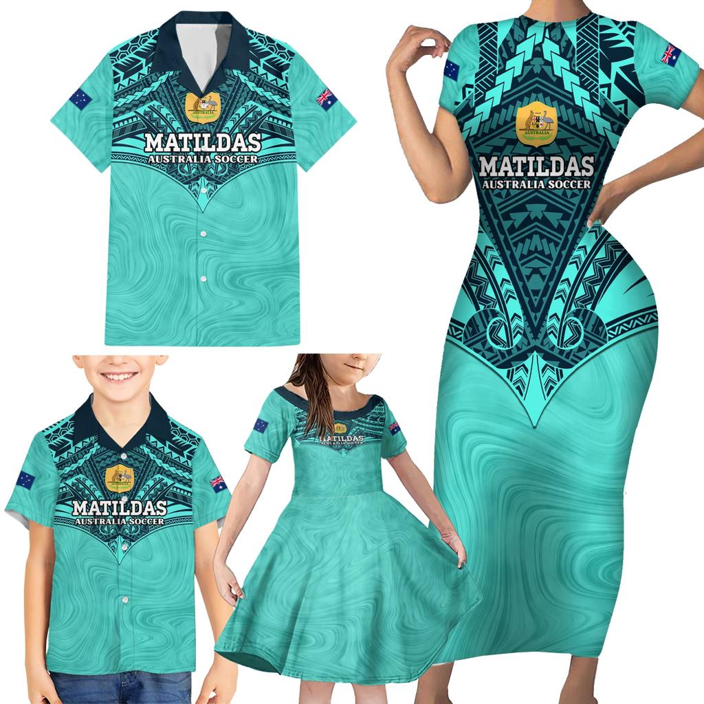 Custom Australia Matildas Family Matching Short Sleeve Bodycon Dress and Hawaiian Shirt Polynesian Mix Turquoise Marble